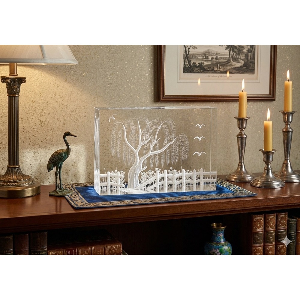 Vintage Etched Glass Paperweight Weeping Willow Tree Fence Birds Art Glass Block